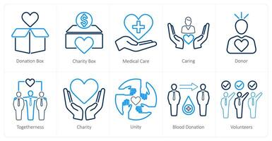 A set of 10 charity and donation icons as donation box, charity box, medical care vector