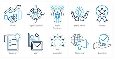 un conjunto de 10 marca íconos como visión, objetivo audiencia, leal clientes vector