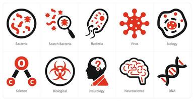 A set of 10 science and experiment and Experiment icons as bacteria, search bacteria, virus vector