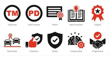 A set of 10 intellectual property icons as trademark, public domain, patent vector