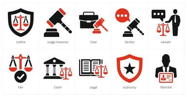 A set of 10 justice icons as justice, judge hammer, case vector