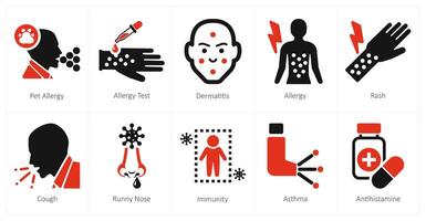 A set of 10 allergy icons as pet allergy, allergy test, dermatitis vector