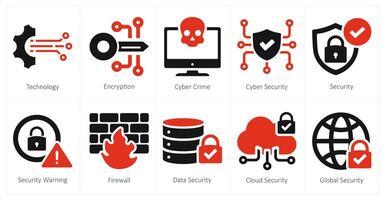 A set of 10 cyber security icons as technology, encryption, cyber crime vector