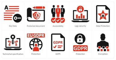 A set of 10 gdpr icons as key data, protected document, accessibility vector