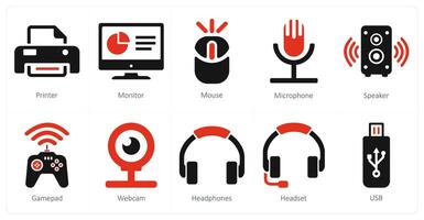 A set of 10 computer parts icons as printer, monitor, mouse vector