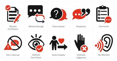 A set of 10 active listening icons as request clarification, refresh message, show interest vector