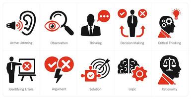 A set of 10 critical thinking icons as active listening, observation, thinking vector