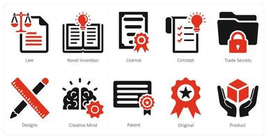 A set of 10 intellectual property icons as law, novel invention, license vector