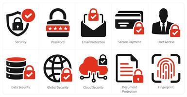 A set of 10 cyber security icons as security, password, email protection, secure payment vector