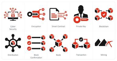 A set of 10 blockchain icons as cyber security, encryption, smart contract vector