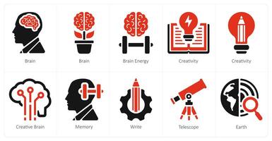 A set of 10 school and education icons as brain, brain energy, creativity vector