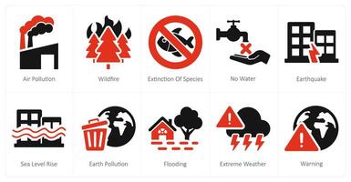 A set of 10 climate change icons as air pollution, wildfire, extinction of species vector