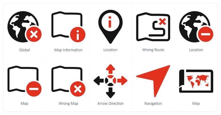 A set of 10 Navigation icons as global, map information, location
