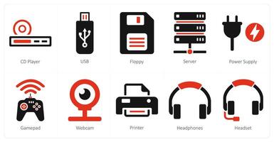 A set of 10 computer parts icons as cd player, usb, floppy vector