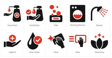 A set of 10 hygiene icons as hand wash, disinfection, soap vector