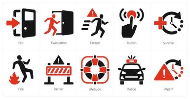 A set of 10 emergency icons as exit, evacuation, escape vector