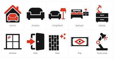 A set of 10 home interior icons as interior, arm chair, living room vector