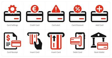 A set of 10 finance icons as card settings, credit card, card alert vector