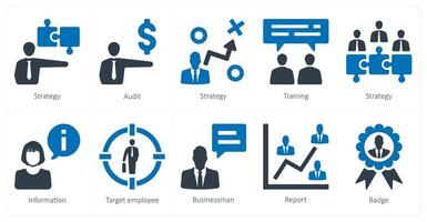 un conjunto de 10 recursos humanos íconos como estrategia, auditoría, estrategia vector