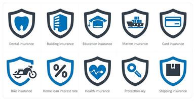 A set of 10 Insurance icons as dental insurance, building insurance, education insurance vector