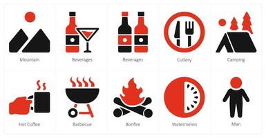 A set of 10 Travel and vacation icons as mountain, bevarages, cutlery vector