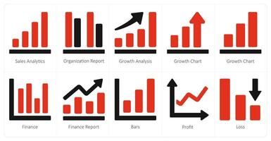 un conjunto de 10 diagrama y informes y informes íconos como ventas analítica, organización informe, crecimiento análisis vector