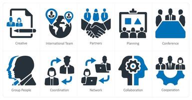 A set of 10 Teamwork icons as creative, international team, partners vector