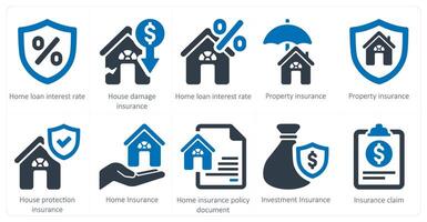 A set of 10 Insurance icons as home loan interest rate, house damage insurance, property insurance vector