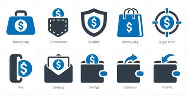 A set of 10 finance icons as money bag, commission, security vector
