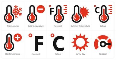 A set of 10 Weather icons as thermometer, cold temperature, fahrenheit vector