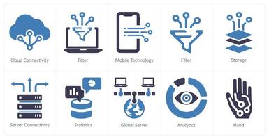 un conjunto de 10 grande datos íconos como nube conectividad, filtrar, móvil tecnología vector