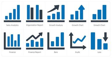 A set of 10 Diagrams and Reports icons as sales analytics, organization report, growth analysis vector