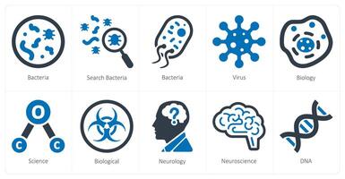 A set of 10 Science and Experiment icons as bacteria, search bacteria, virus vector