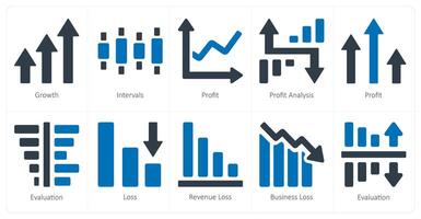 A set of 10 Diagrams and Reports icons as growth, intervals, profit vector