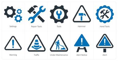 A set of 10 underconstruction icons as settings, repair tools, tools vector