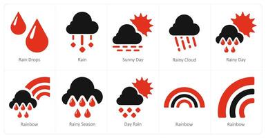 A set of 10 Weather icons as rain drops, rain, sunny day vector