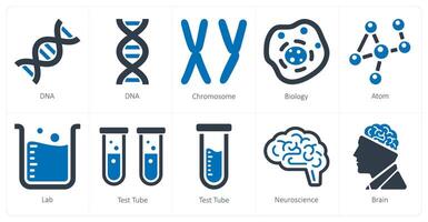 un conjunto de 10 Ciencias y experimentar íconos como adn, cromosoma, biología vector