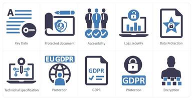 un conjunto de 10 gdpr íconos como llave datos, protegido documento, accesibilidad vector