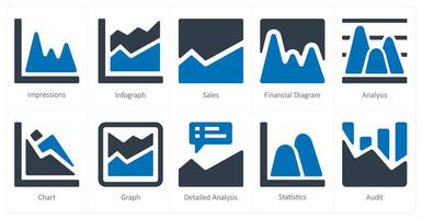 un conjunto de 10 diagramas y informes íconos como impresiones, infografía, ventas vector