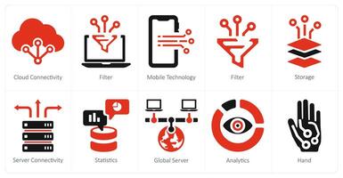 un conjunto de 10 grande datos íconos como nube conectividad, filtrar, móvil tecnología vector