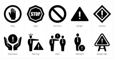 A set of 10 hazard danger icons as stop, no entry, danger vector