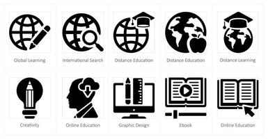 A set of 10 online education icons as global learning, international search, distance education vector