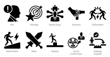 A set of 10 challenge icons as fear, challenge, resolve issues vector