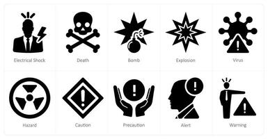 A set of 10 hazard danger icons as electrical shock, death, bomb vector