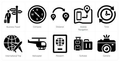 A set of 10 mix icons as business travel, compass, distance, mobile navigation vector