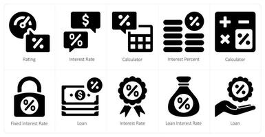 A set of 10 Loan and Debt icons as rating, interest rate, calculator vector