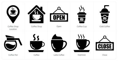 un conjunto de 10 café íconos como café tienda ubicación, café comercio, abierto vector