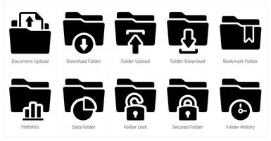 A set of 10 Folder icons as document upload, download folder, folder upload vector