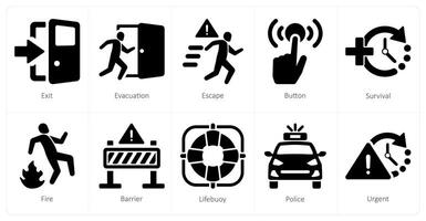 A set of 10 emergency icons as exit, evacuation, escape vector