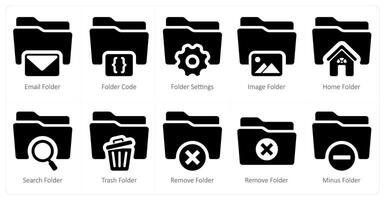 A set of 10 Folder icons as email folder, folder code, folder settings vector